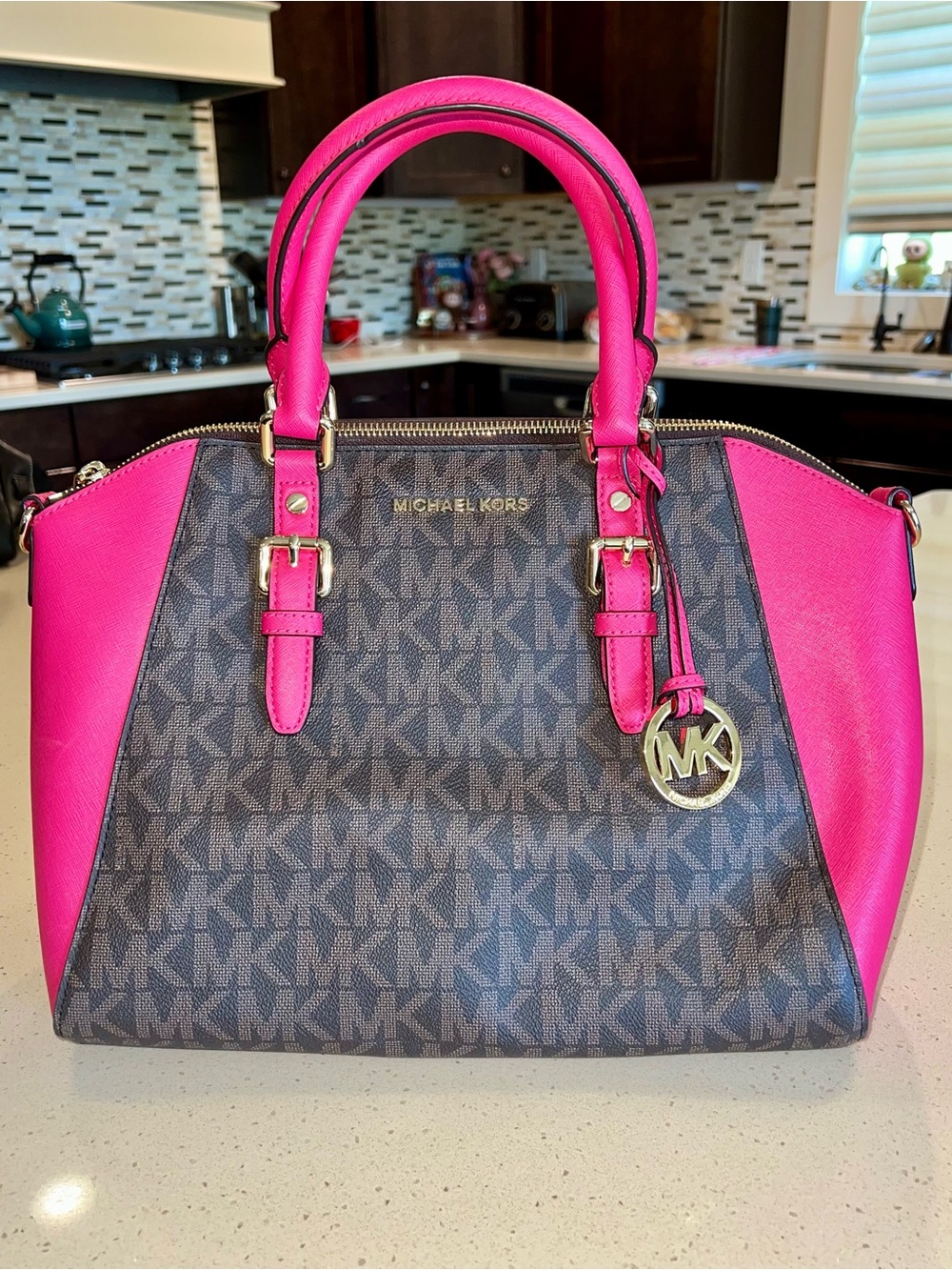 Michael Kors Pink and Brown Signature Satchel W/ Long Strap NEW WITH TAGS